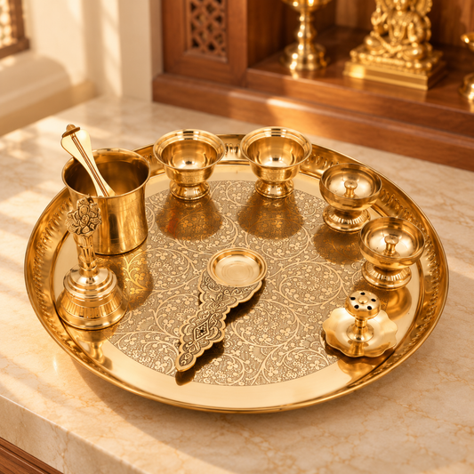 Engraved Brass Puja Thali Set | 8 Pcs Designer Plate with Floral Carvings, Diya, Kalash, Bell, Bowls & Spoon