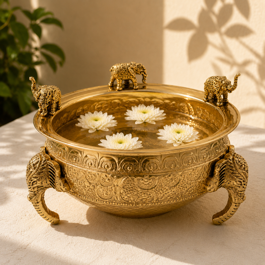 Elephant Carving Urali Bowl 8" | 800 gm Decorative Brass Bowl & Platter | Home Decor, Pooja & Gifting | Brass | Gold
