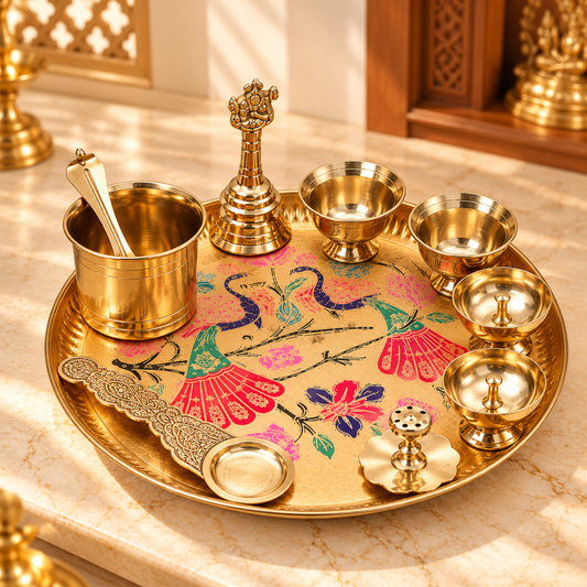 Multicolor Enamel Brass Puja Thali Set | 8 Pcs Pooja Plate with Diya, Bell, Kalash, Bowls & Spoon