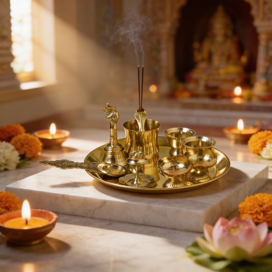 8-Inch Pure Brass Pooja Thali Set with Diyas, kumkum bowls, Aarti stand, Panchpatra with spoon, Karpoor aarti and Bell