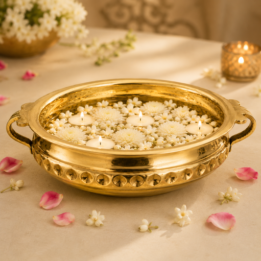Diamond Carving Urali Bowl 10" | 740 gm Decorative Brass Bowl & Platter | Home Decor, Pooja & Gifting | Brass | Gold