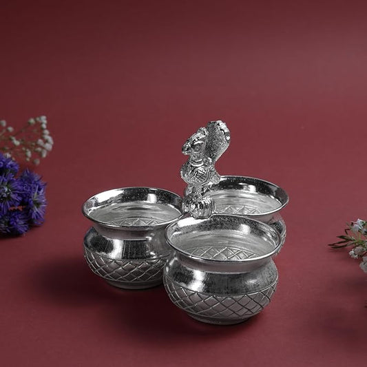 Panchwala 3 Bowl Murga Kumkum Holder Set | Silver Finish | 4 Inch