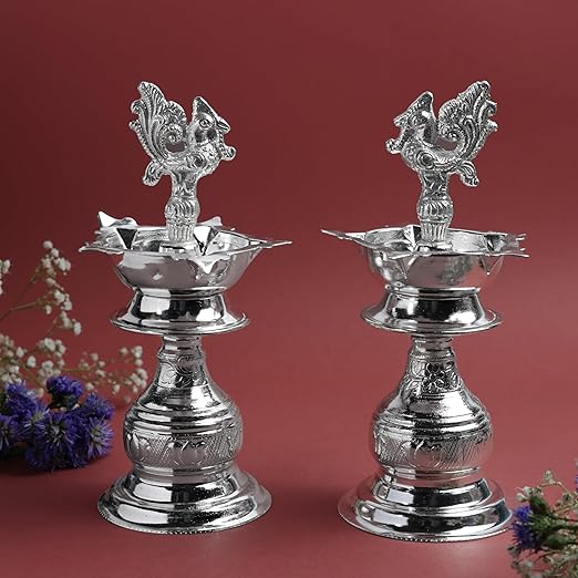GS Design Udupi Murga Diya 6 Inch | Traditional Metal Oil Lamp with Peacock Motif | Silver Finish