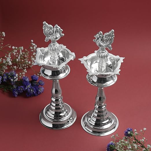 GS Kerala Fancy Murga Diya 8 Inch | Traditional Metal Peacock Oil Lamp | Silver Finish