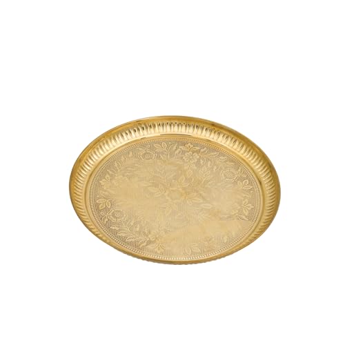 Designer Brass Puja Thali | Premium Gold Polish Pooja Thali with Floral Engraving