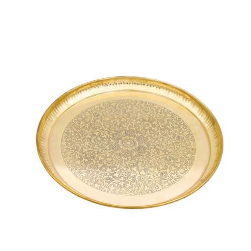 Engraved Brass Puja Thali | Designer Floral Carving Gold Polish Thali for Aarti