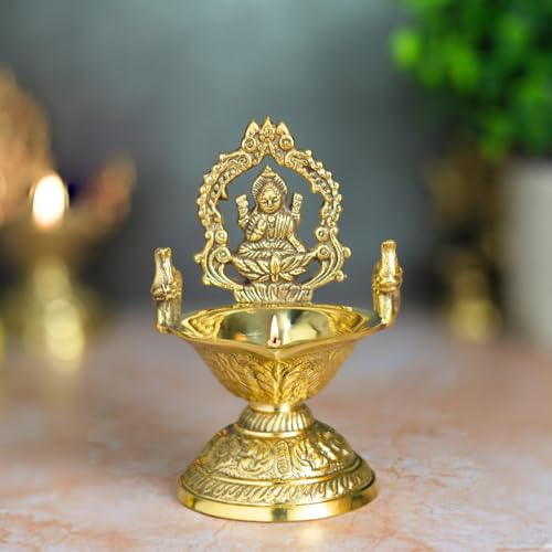 Brass Lakshmi Deepam | Gold Polish Oil Lamp with Goddess Lakshmi Design
