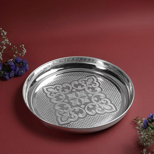 Etching Halwa Plate for Pooja & Serving | Silver Finish Decorative Sweet & Prasad Plate | Traditional Temple Home Mandir Festive Use | 22.6 cm Diameter