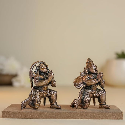Leg Down Garuda Hanuman Set 1.5-Inch 110gm | Handmade Copper Idol Patina Antique Finish Mini Temple Murti for Pooja Ghar