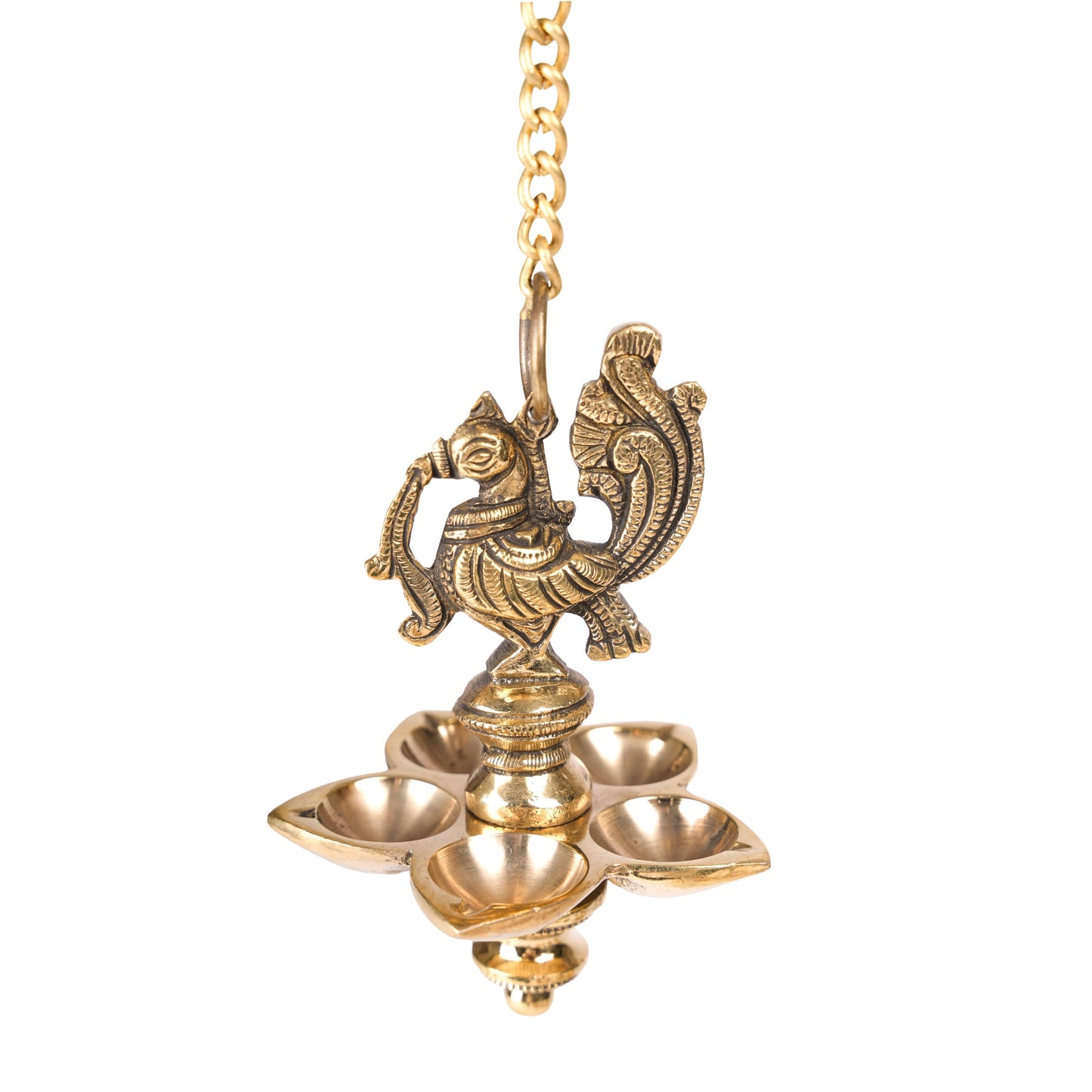 Ethnic Small Peacock Design 5 Oil Wick Brass Hanging Diya | Medium Size | Pack of 1