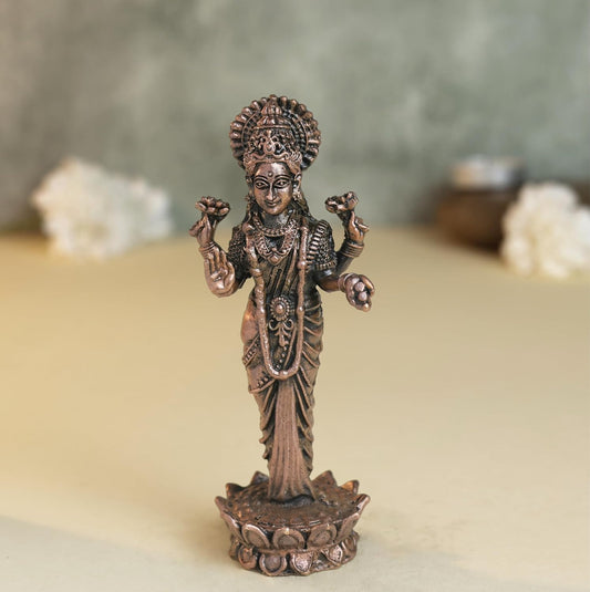 220 gm, 11 inches Kamal Standing Lakshmi Idol | Antique Finish Metal Goddess Statue for Home Temple |
