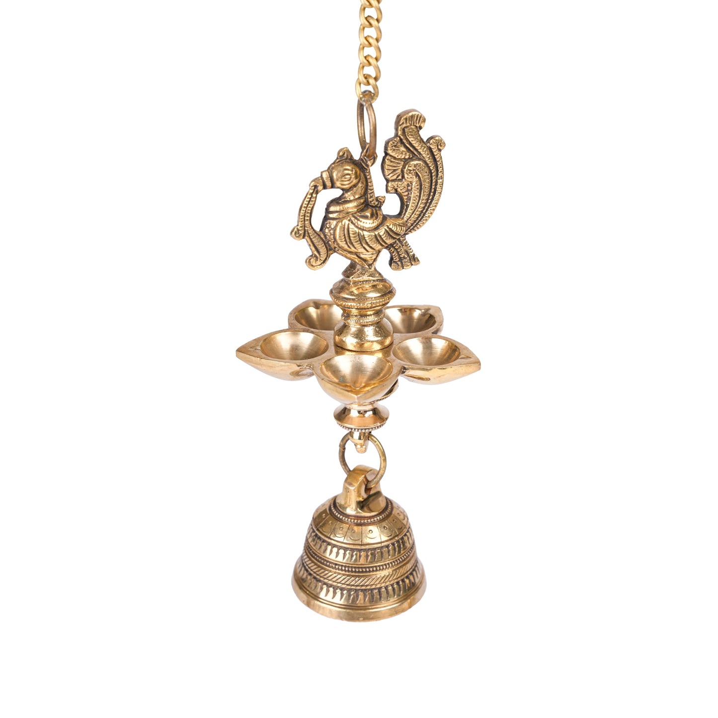 Brass Peacock Hanging Diya with Bell | 5-Wick | Antique Finish | Pack of 1