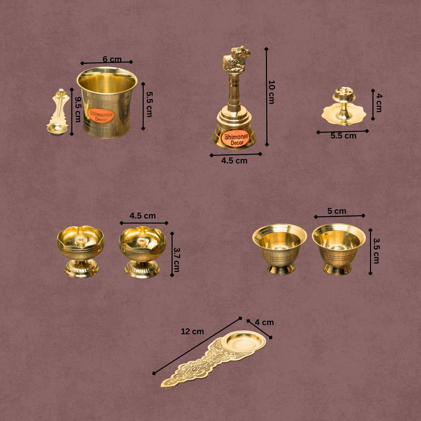 Brass Puja Set | 8 Pcs Traditional Pooja Kit with Diya, Bell, Kalash, Spoon, Bowls & Incense Holder