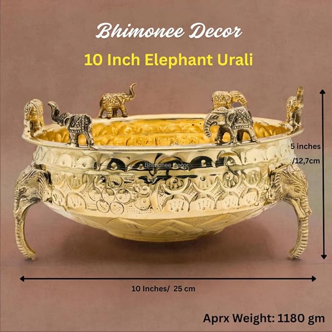 Elephant Carving Urali Bowl 10" | 1180 gm Decorative Brass Bowl & Platter