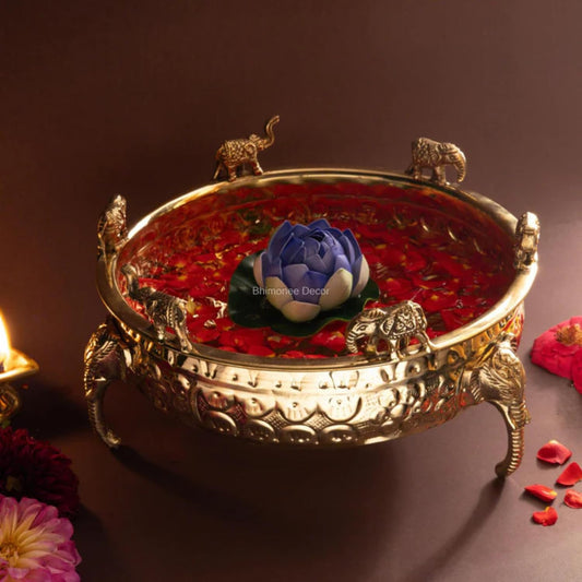 Elephant Carving Urali Bowl 10" | 1180 gm Decorative Brass Bowl & Platter