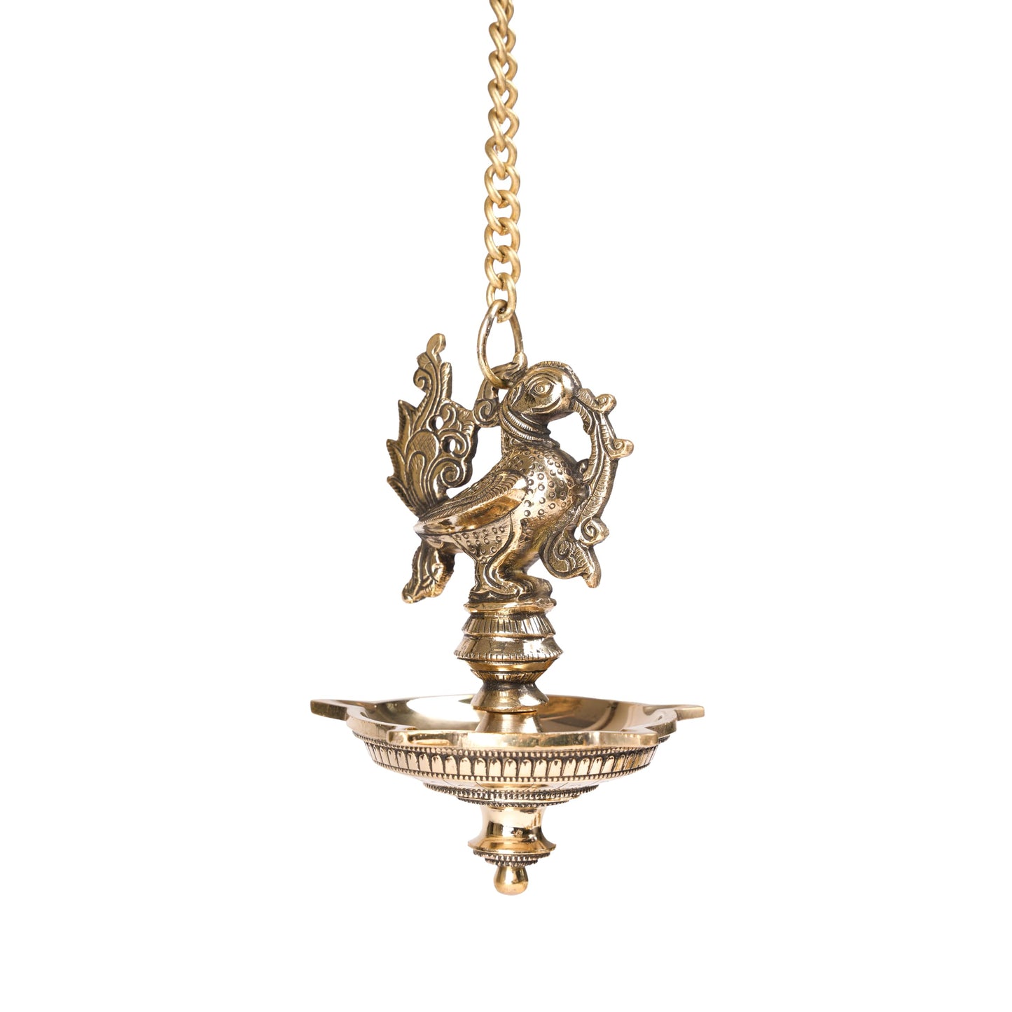 Brass Hanging Diya – Ethnic Peacock Design with 5 Oil Wicks (Medium, Pack of 1)