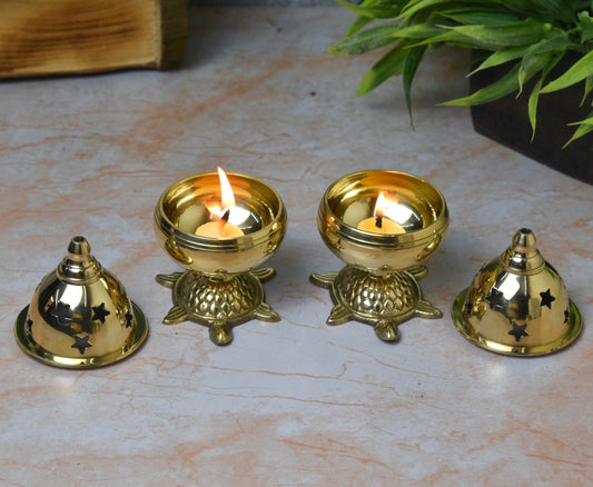 Brass Tortoise Covering Akhand Nanda Diya, 4 inches, Brass Colour, Pack of 1 Pair
