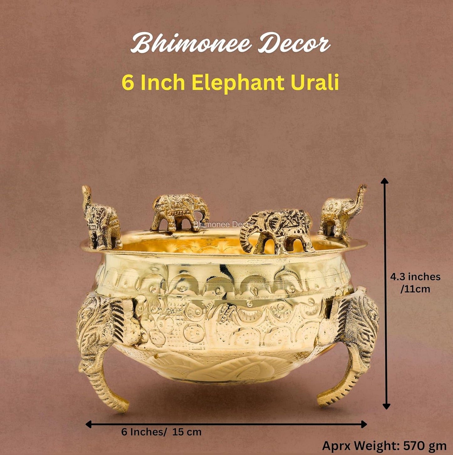 Elephant Carving Urali Bowl 6"inch | 570 gm Decorative Brass Bowl & Platter