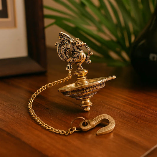 Handmade Ethnic Peacock Design 1 Oil Wick Brass Hanging Diya, Medium, Pack of 1