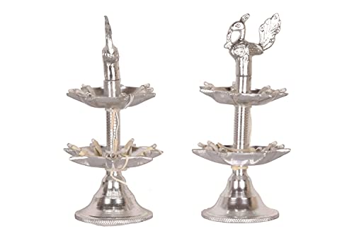 White Metal 7 inches Silver Colour 2 Step Electric Bulb Lights Diya | Deep | Deepak for Pooja | Puja | Mandir | Diwali Festival Decoration | Pair
