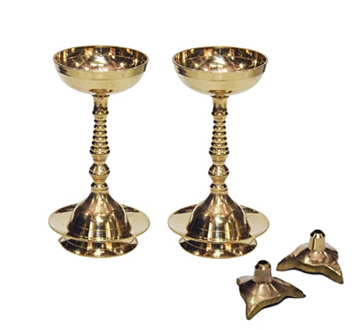 Pure Brass Plain Nanda Bowl Long Table Diya, 5.5 inches, Pack of 2 pcs (with Lavanga - 2pc)