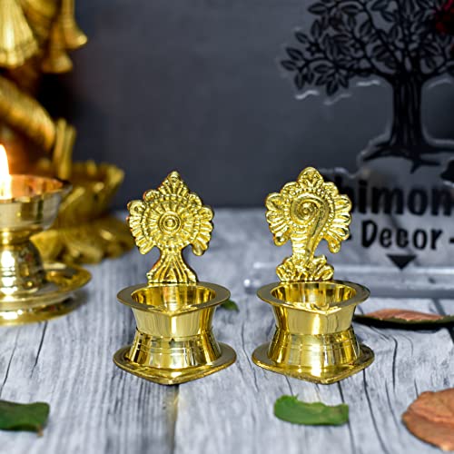 Bhimonee Decor Pure Brass Shanku Chakra Kamakshi Diya, 3 inches, Brass Colour, Pack of 1 Pair