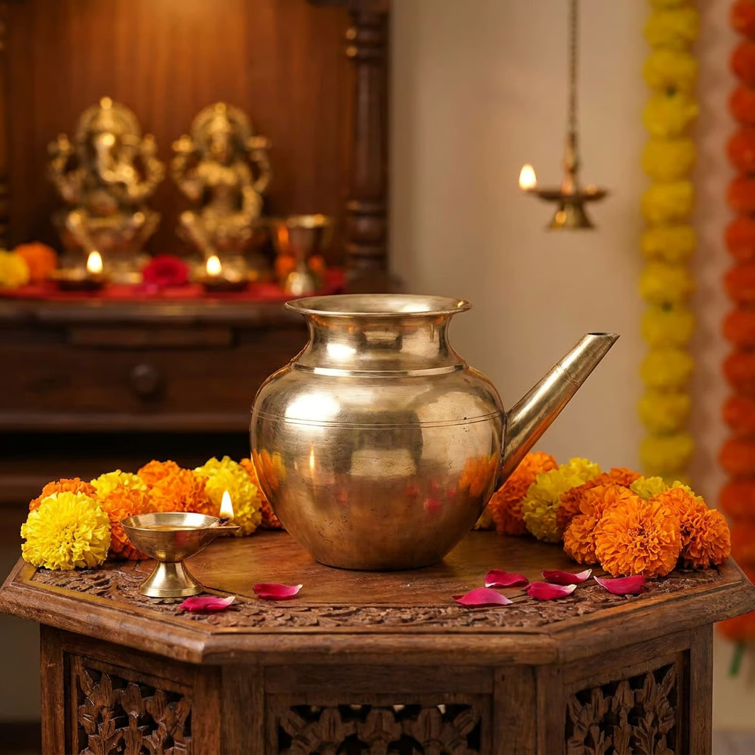 Bhimonee Decor Brass Gokarna Kindi Lota: A Traditional Sacred Vessel for Pooja and Decor