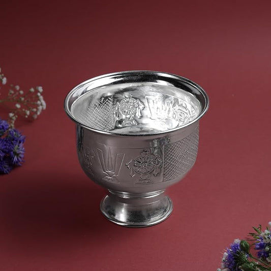 Etching SCN Large Patra | Decorative Metal Pooja Kalash Bowl | Traditional Mandir Ritual Vessel | Festive Home Temple Decor | Silver finish | 4 Inch