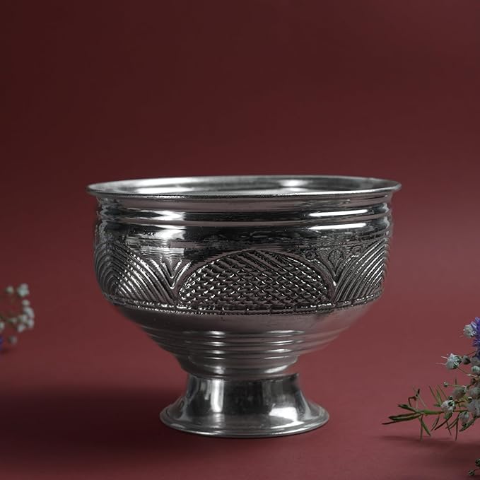 Fancy Large Patra Metal Pooja Vessel with Pedestal Base | Traditional Mandir Ritual Item | Silver Finish | 4 Inch