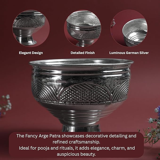 Fancy Large Patra Metal Pooja Vessel with Pedestal Base | Traditional Mandir Ritual Item | Silver Finish | 4 Inch