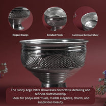 Fancy Large Patra Metal Pooja Vessel with Pedestal Base | Traditional Mandir Ritual Item | Silver Finish | 4 Inch