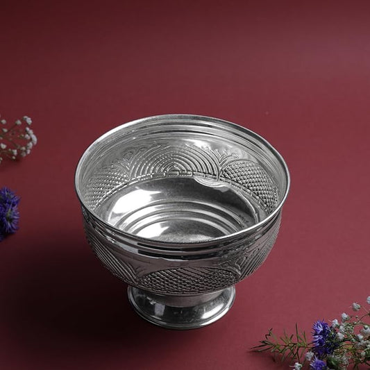 Fancy Large Patra Metal Pooja Vessel with Pedestal Base | Traditional Mandir Ritual Item | Silver Finish | 4 Inch