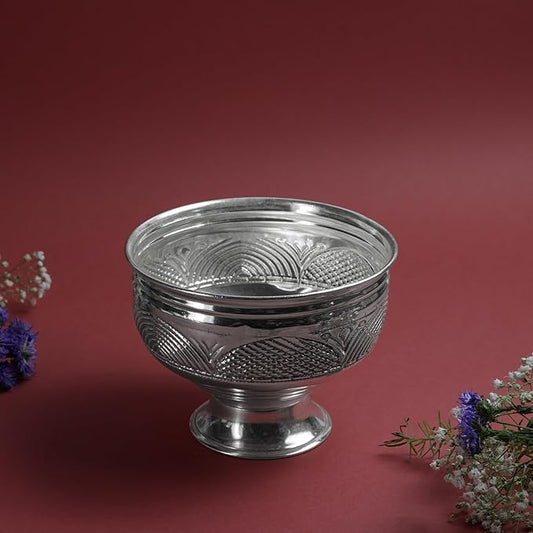 Fancy Large Patra Metal Pooja Vessel with Pedestal Base | Traditional Mandir Ritual Item | Silver Finish | 4 Inch