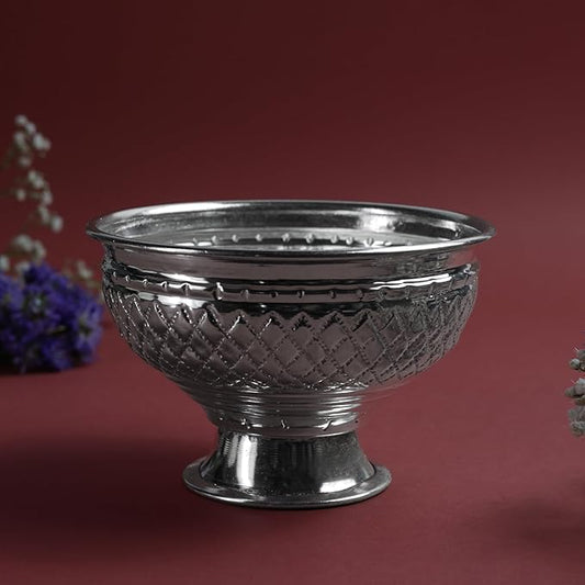 Hammered Fancy Large Patra Metal Pooja Vessel with Pedestal Base | Traditional Mandir Ritual Item | Silver Finish | 4 Inch