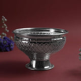 Hammered Fancy Large Patra Metal Pooja Vessel with Pedestal Base | Traditional Mandir Ritual Item | Silver Finish | 4 Inch