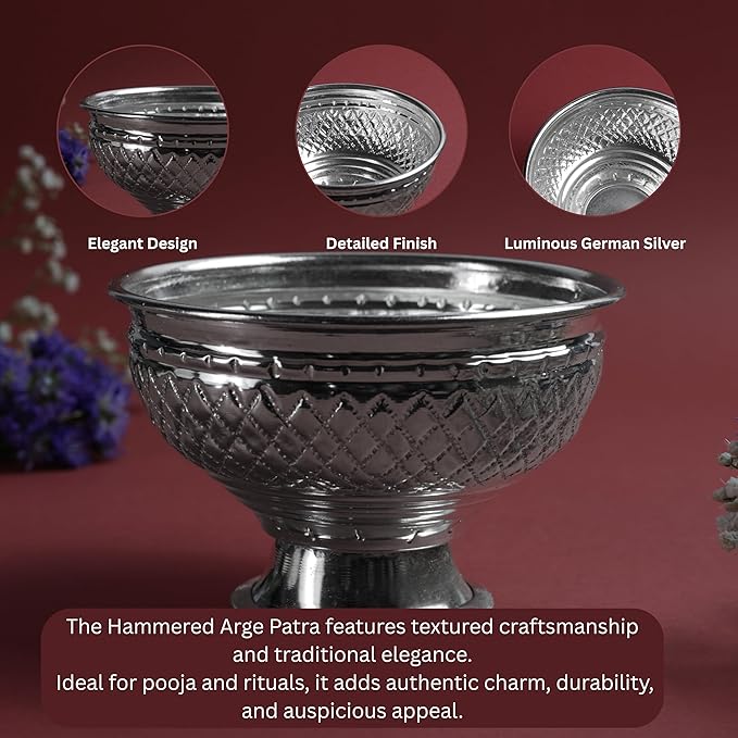 Hammered Fancy Large Patra Metal Pooja Vessel with Pedestal Base | Traditional Mandir Ritual Item | Silver Finish | 4 Inch