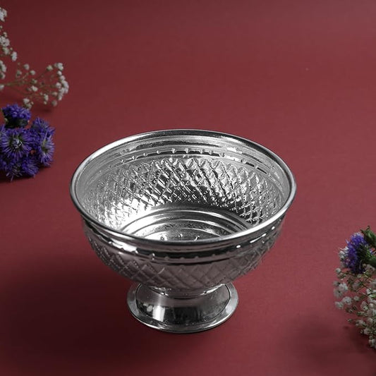Hammered Fancy Large Patra Metal Pooja Vessel with Pedestal Base | Traditional Mandir Ritual Item | Silver Finish | 4 Inch