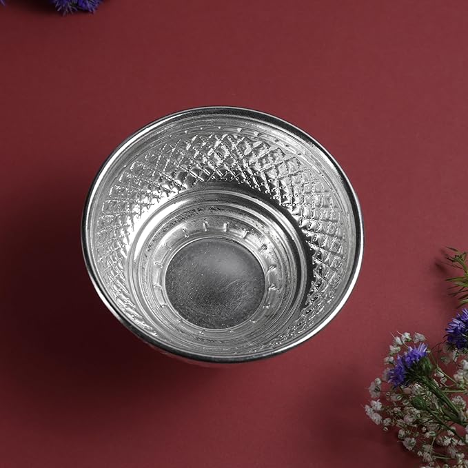 Hammered Fancy Large Patra Metal Pooja Vessel with Pedestal Base | Traditional Mandir Ritual Item | Silver Finish | 4 Inch