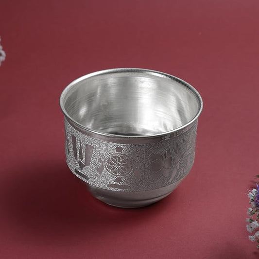 Embossed SCN Metal Pooja | Traditional Mandir Ritual Vessel with Religious Motif Design| Silver Finish | 3 Inch