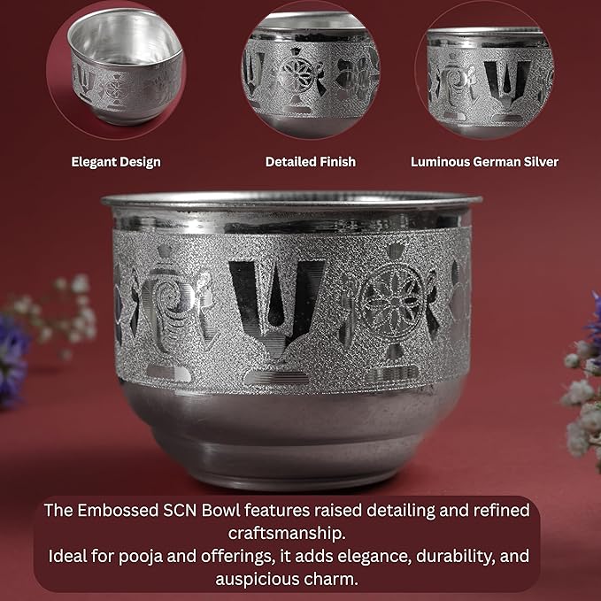 Embossed SCN Metal Pooja | Traditional Mandir Ritual Vessel with Religious Motif Design| Silver Finish | 3 Inch