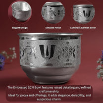 Embossed SCN Metal Pooja | Traditional Mandir Ritual Vessel with Religious Motif Design| Silver Finish | 3 Inch