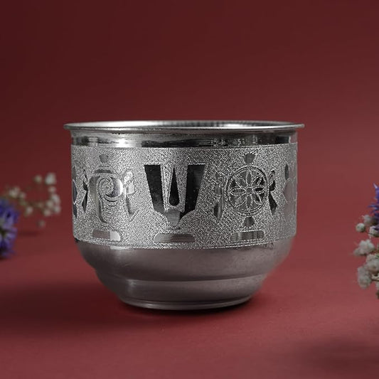Embossed SCN Metal Pooja | Traditional Mandir Ritual Vessel with Religious Motif Design| Silver Finish | 3 Inch
