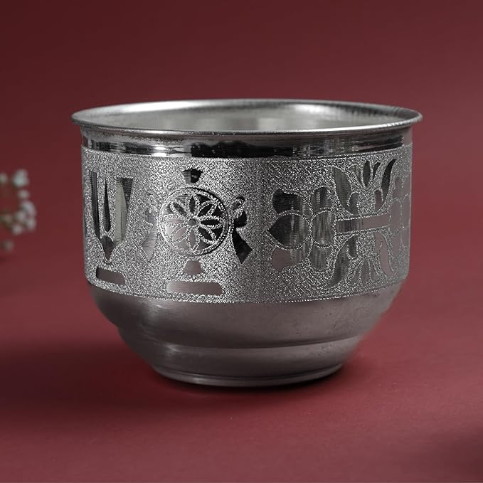 Embossed SCN Metal Pooja | Traditional Mandir Ritual Vessel with Religious Motif Design| Silver Finish | 3 Inch