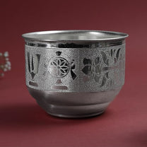 Embossed SCN Metal Pooja | Traditional Mandir Ritual Vessel with Religious Motif Design| Silver Finish | 3 Inch
