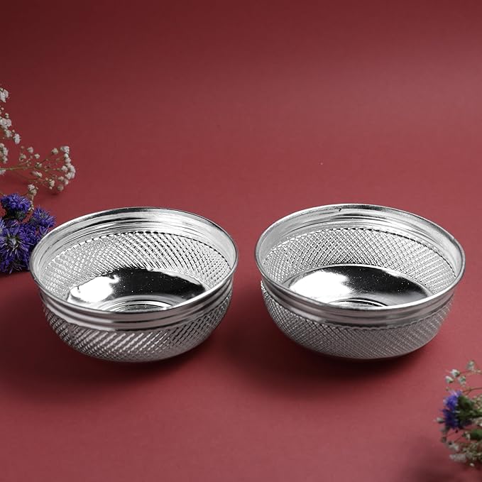 Hammered Danam Bowl Set of 2 | Fancy Metal Kumkum Haldi Bowl for Pooja Ritual | Silver Finish | 4 Inch