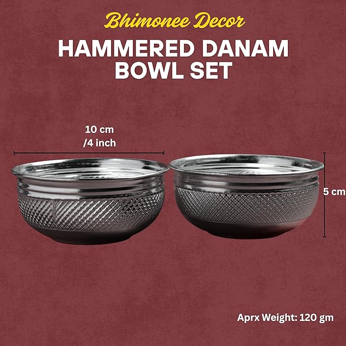 Hammered Danam Bowl Set of 2 | Fancy Metal Kumkum Haldi Bowl for Pooja Ritual | Silver Finish | 4 Inch