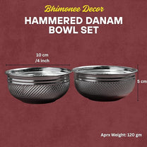 Hammered Danam Bowl Set of 2 | Fancy Metal Kumkum Haldi Bowl for Pooja Ritual | Silver Finish | 4 Inch
