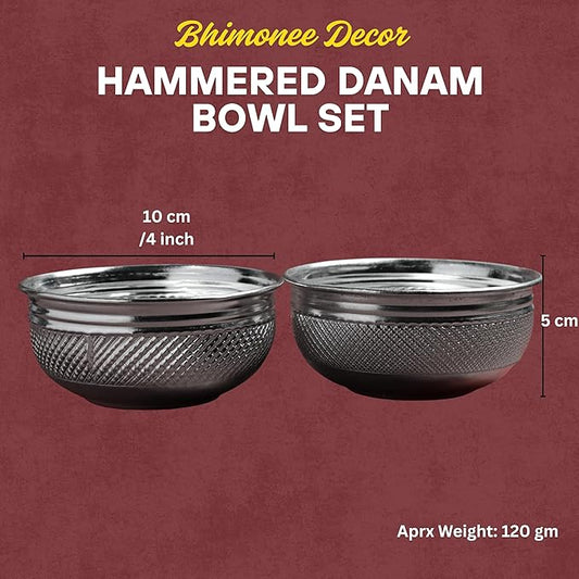 Hammered Danam Bowl Set of 2 | Fancy Metal Kumkum Haldi Bowl for Pooja Ritual | Silver Finish | 4 Inch