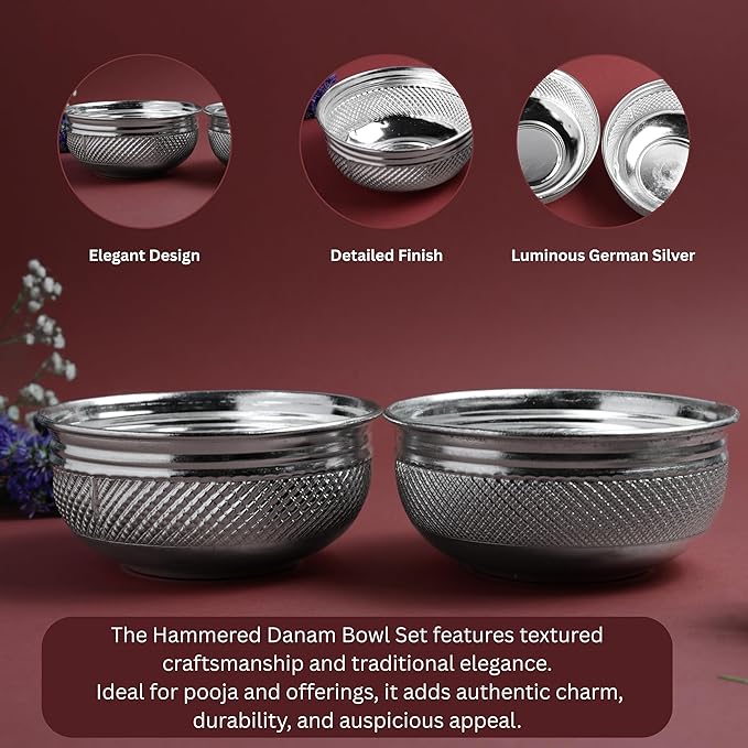 Hammered Danam Bowl Set of 2 | Fancy Metal Kumkum Haldi Bowl for Pooja Ritual | Silver Finish | 4 Inch