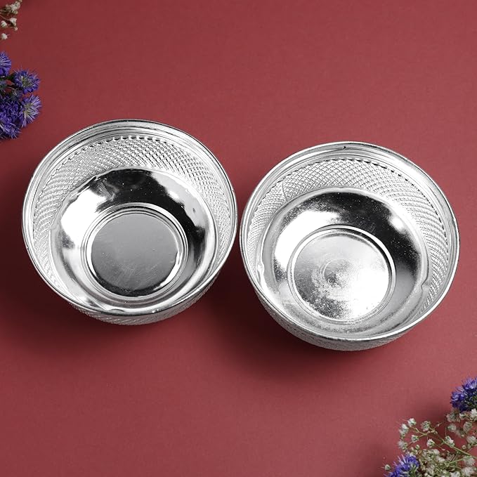 Hammered Danam Bowl Set of 2 | Fancy Metal Kumkum Haldi Bowl for Pooja Ritual | Silver Finish | 4 Inch